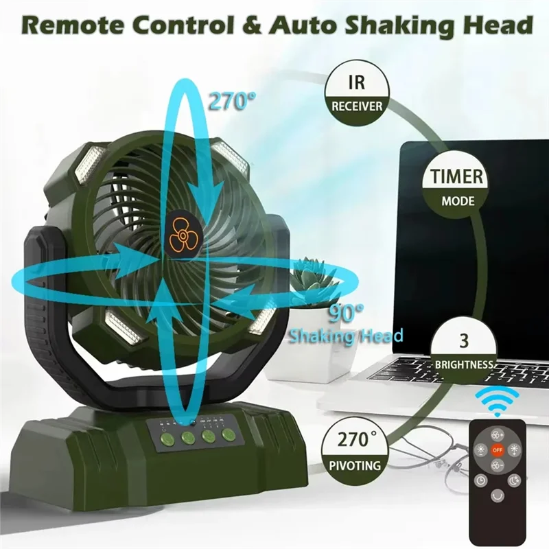 

RTENTE-Compact USB-Powered Fan For Camping Trips, Features LED Light, Oscillating Head And Hanging Hook For Outdoor Use