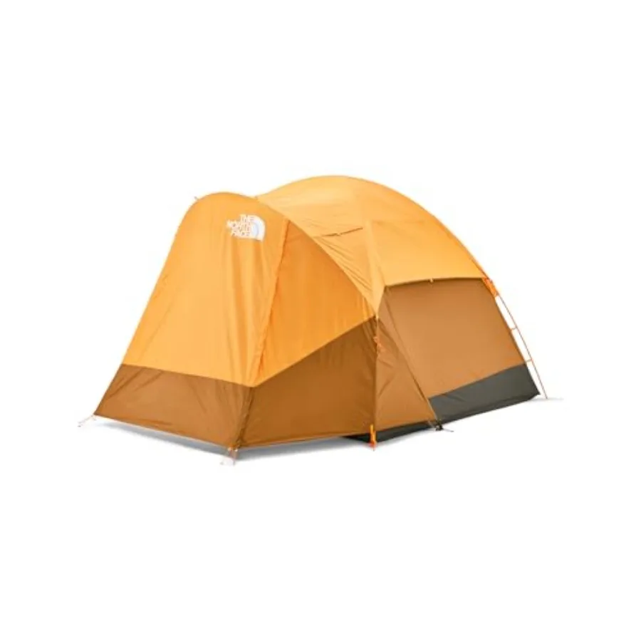 

Camping tent for four persons, polyester fabric, gray color, water repellent and easy to set up with attached vestibule