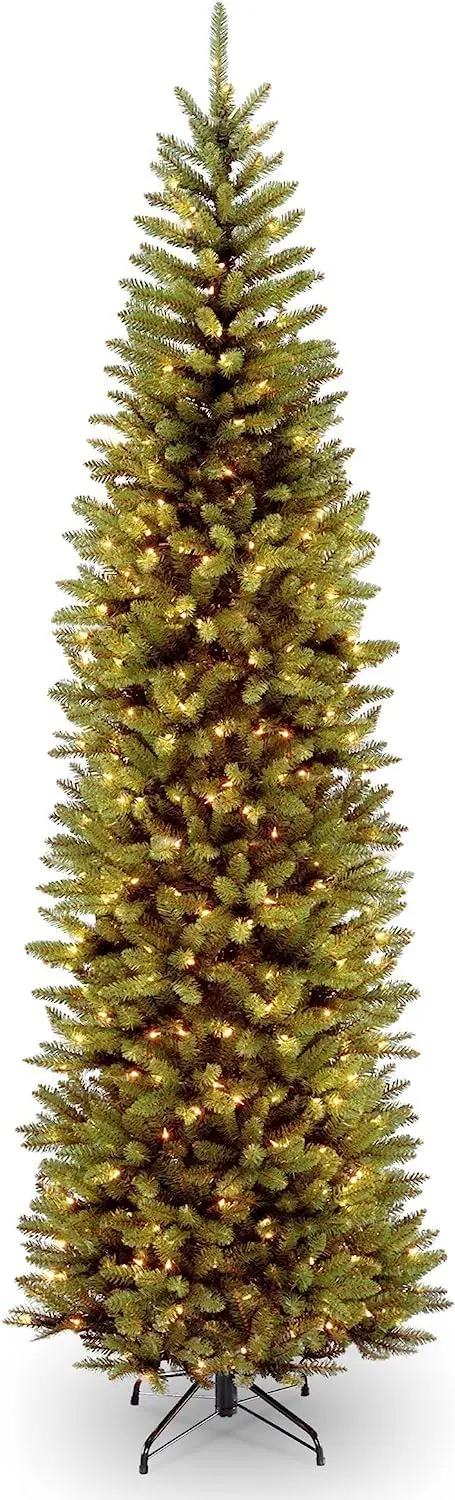 Artificial Pre-Lit Slim Christmas Tree, Green, Kingswood Fir, White Lights, Includes Stand, 10 Feet