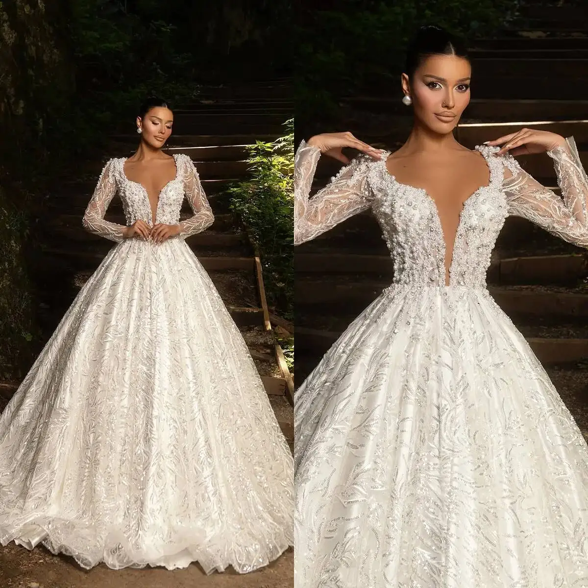 

Charming Ball Gown Wedding Dresses Long Sleeves Beads Sequins Appliques Lace Bridal Pleat Sweep Train Customized