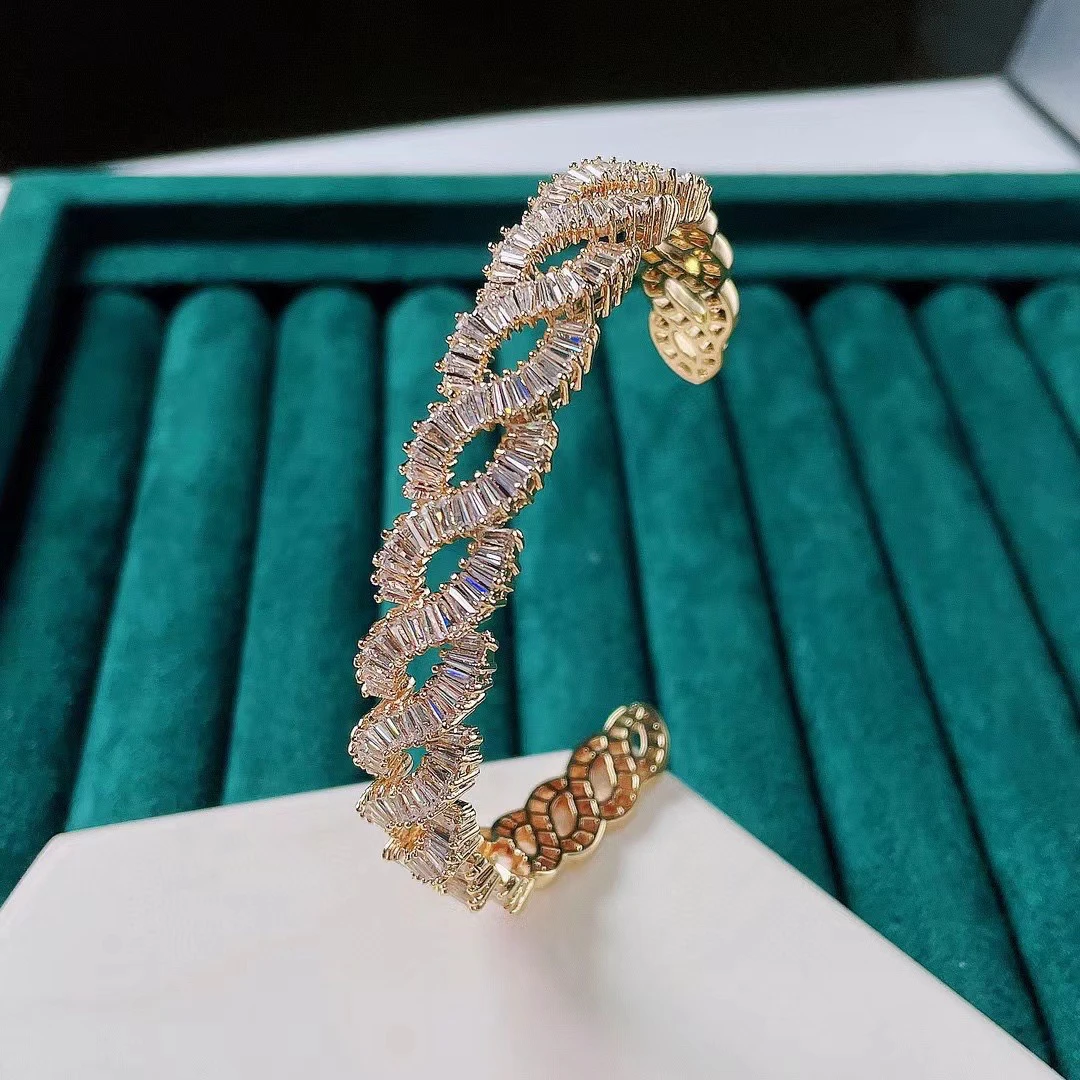 

SENYU Luxury Lady Cubic Zirconia Open Bangle Fashion Braided Rope Twine Bangles Exquisite Banquet Jewelry Anniversary Gifts