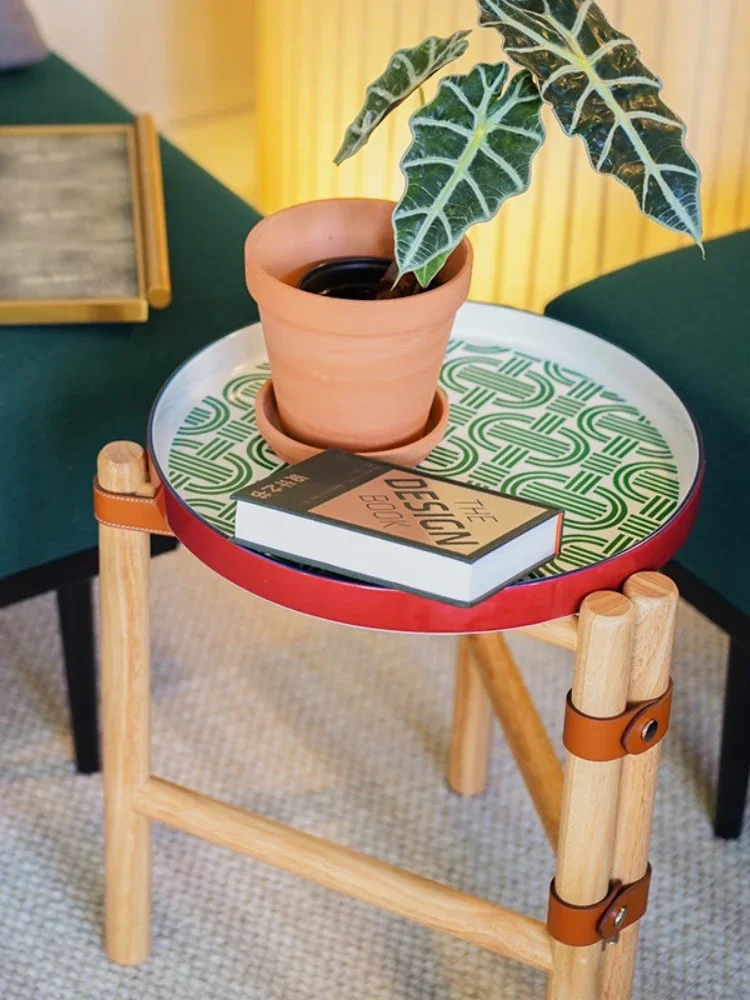 Vintage Folding Tea Table - Saddle Leather and Solid Wood, Small Coffee Table with Removable Painted Porcelain Tray, Medieval