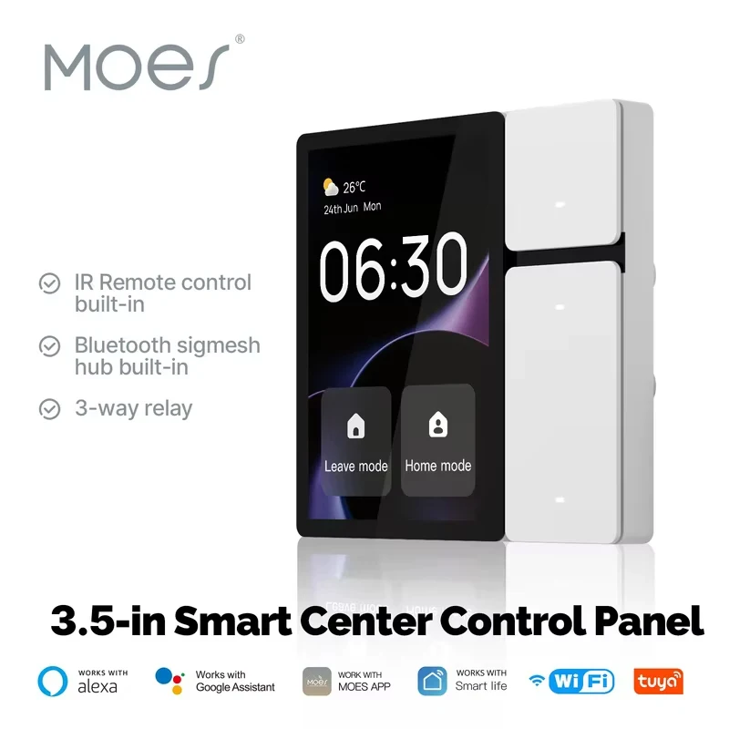 

MOES Tuya WiFi 3.5-inch Smart Control Panel Screen 3 Relays 3 Physical Buttons IR Remote Control Bluetooth Sigmesh Hub Built-in
