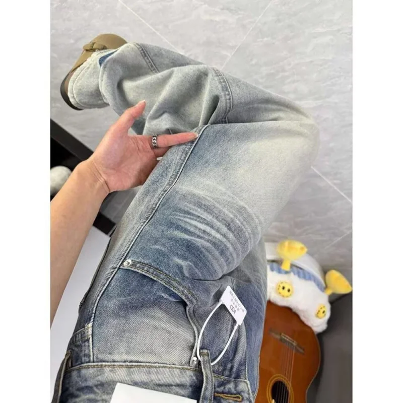 جينز أزرق فاتح عتيق للنساء 2025 ربيع خريف جديد غير رسمي فضفاض مستقيم الساق مغسول بنطال ذو قصة أرجل واسعة