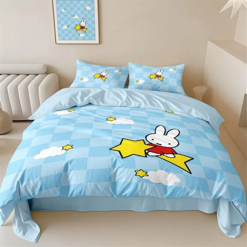Cute Miffy Rabbit Cartoon Anime Kawaii Bedroom Dormitory Bed Sheet Quilt Cover Pillowcase 3-Piece Set Student Bedding Supplies
