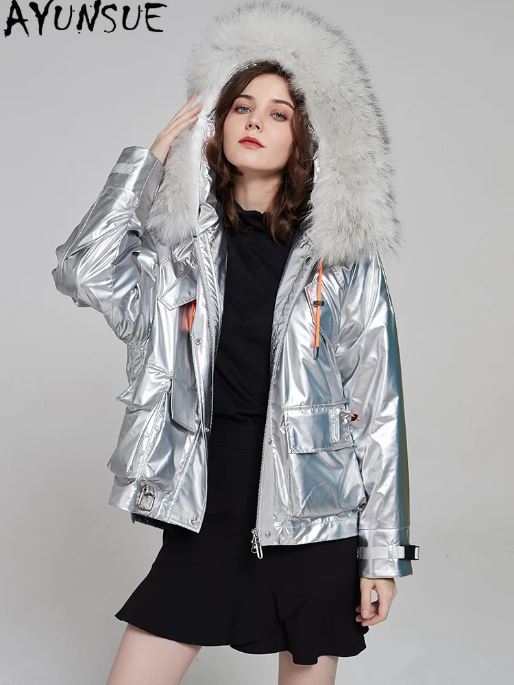 AYUNSUE Rex-Kaninchenfell-Parka für Damen, 2025, echtes Fell, neu in Mänteln, Damen-Winterkleidung, warmer Waschbärpelzkragen, μри RSSavera