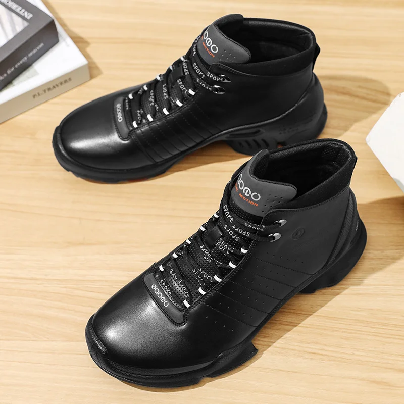 

Man Sports Sneakers Black Strip High Top Leather Cowhide Shoes Arch Support Walking Shoes Anti Slip Durable Injection Form