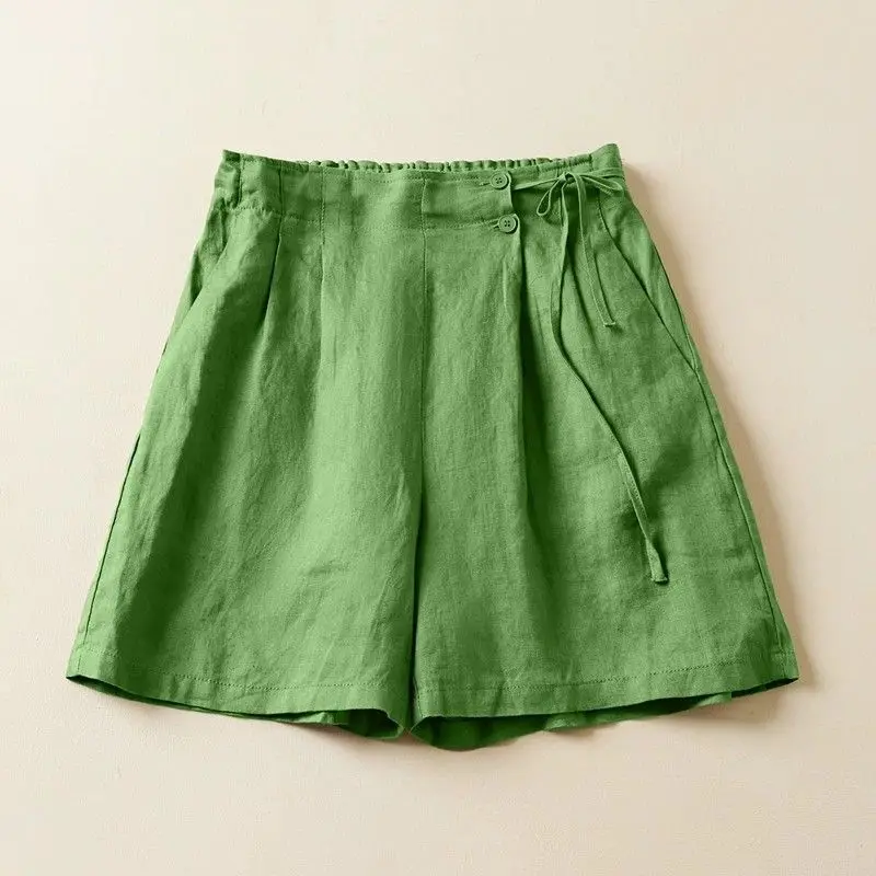 Summer Solid Color Linen Wide Leg Shorts For Women