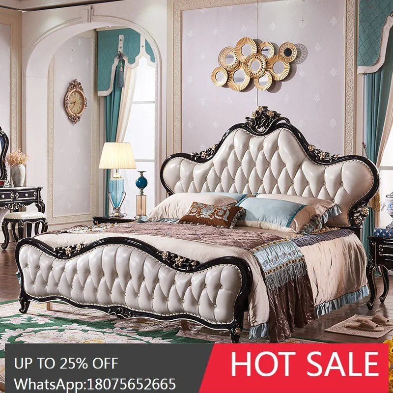 

HLZ European Style Solid Wood Bed 1.8M Small Apartment Master Double Bed New Classical American Light Luxury Leather Bed