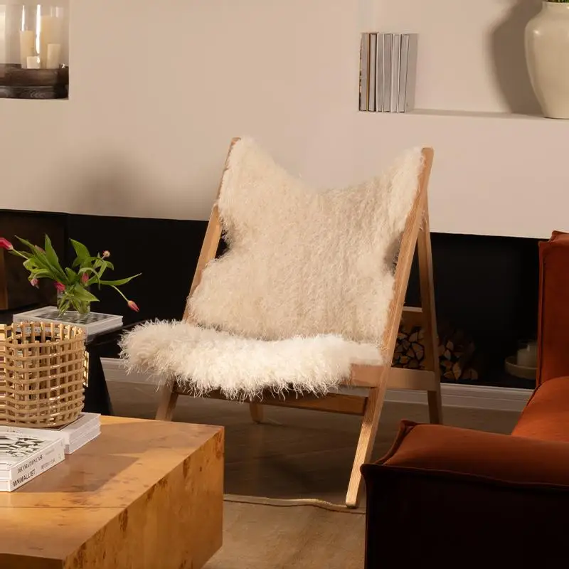 

Makino plush medieval leisure chair wabi sandy wind solid wood single chair living room creative minimalist sofa chair