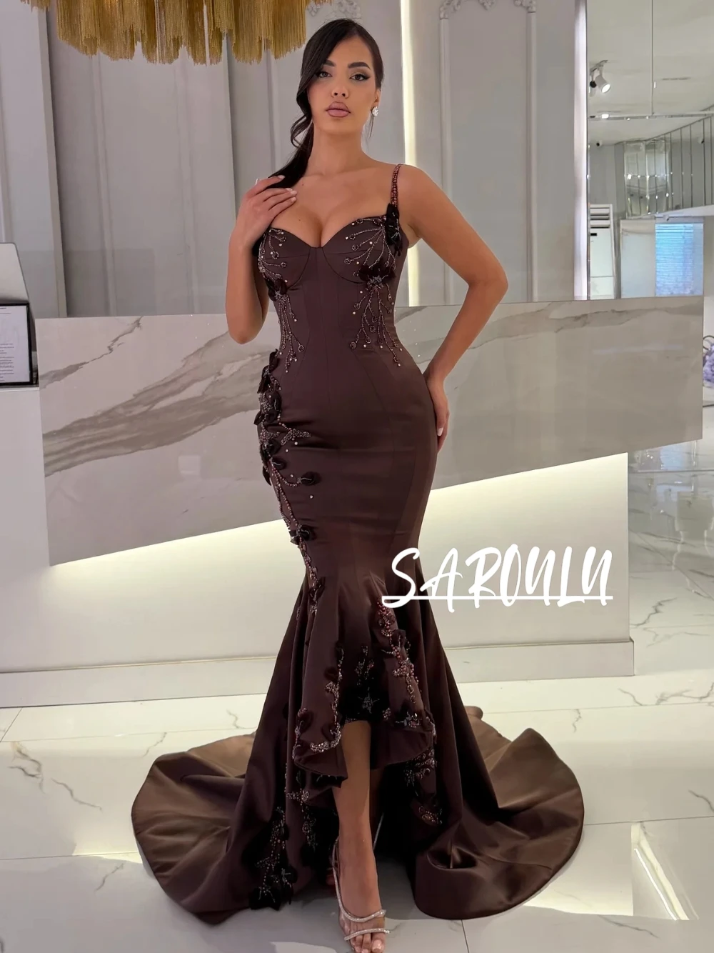 

Brown Satin Mermaid Evening Dress 3D Floral Applique Crystal Rhinestone Beaded Trailing Slit Maxi Formal Prom Gown Customized