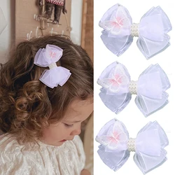 Oaoleer-horquilla con lazo de perlas de gasa blanca para niña, pasadores de Clip para el pelo de mariposa bordada, accesorios para el cabello, 2 piezas