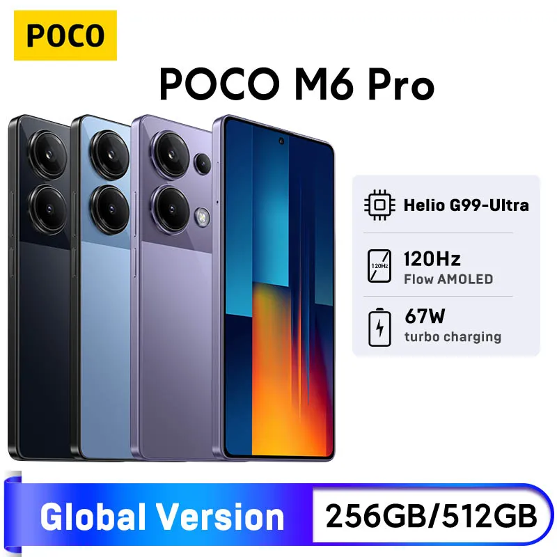 POCO M6 Proグローバルバージョンのスマートフォン,nfc,256GB, 512GB,helio g99,ウルトラ64mpカメラ,ois付き,6.67インチ,120hz,amoled,67w,新品