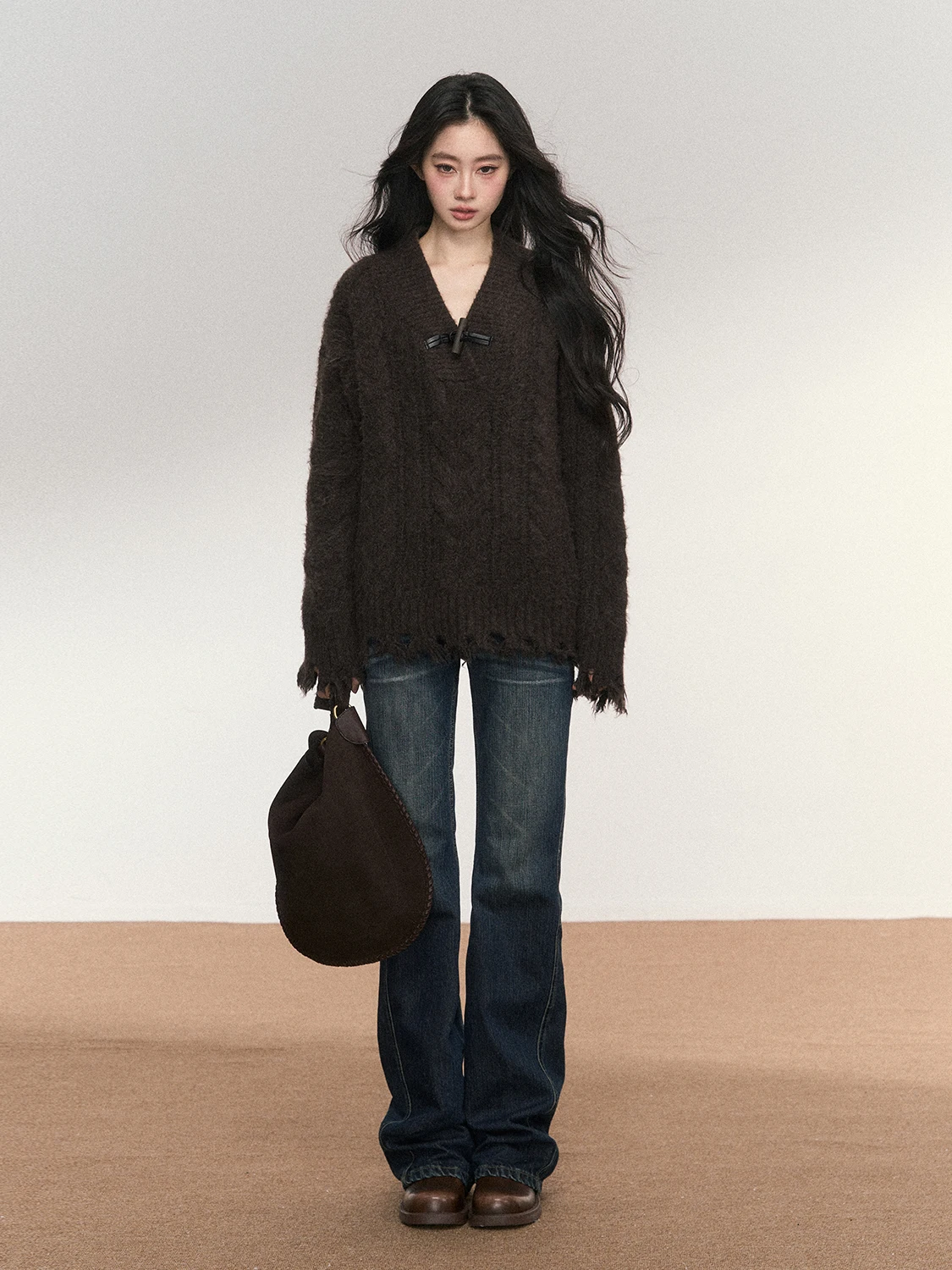 

PUNCH 25AW коричневый шерстяной свитер свободного покроя V-Ne Long Sve теплый осенне-зимний женский трикотаж в стиле ретро