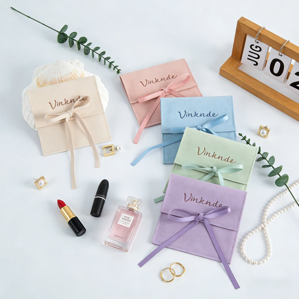 

Custom Logo 50pack Jewelry Microfiber Half Cover Rope Bag 9X9CM Wedding Favors Rings Necklace Gift Packaging Suede Velvet Pouch