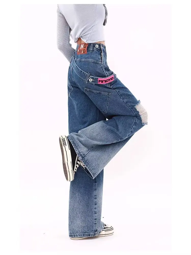 Pantalones vaqueros para mujer, Vaqueros americanos Y2k, Vaqueros de talle alto para mujer, Coqueta Shoujo, estilo de niña, ropa holgada acampanada