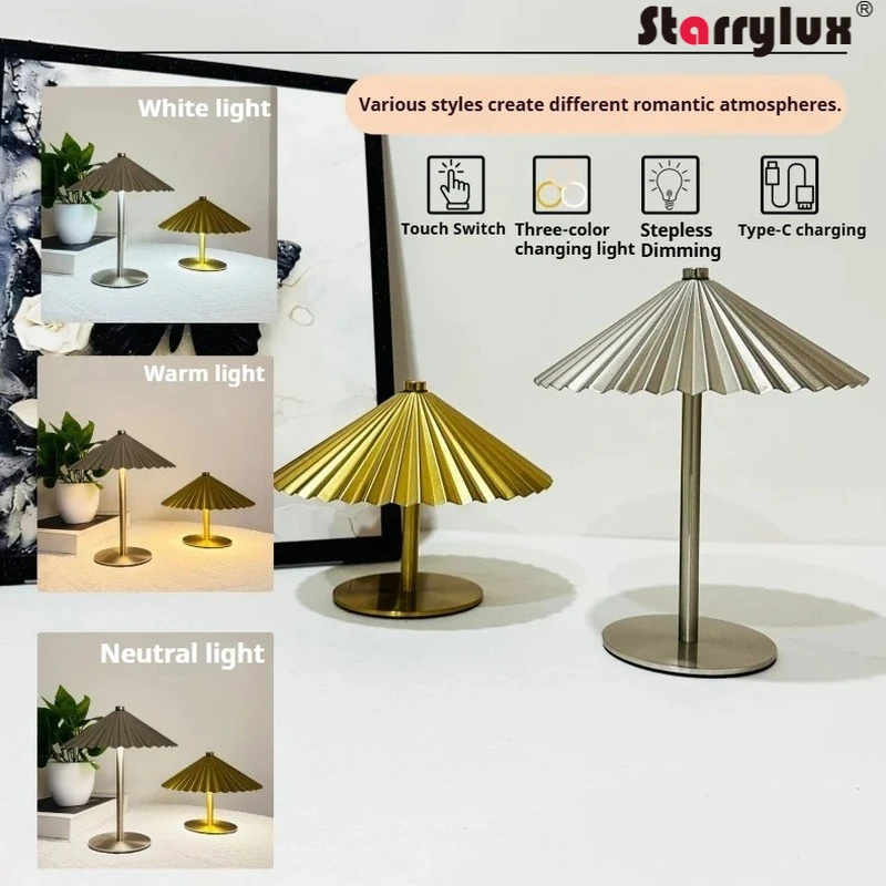 Metal Umbrella Shaped Decorative Table Lamp Dimmable Touch Night Light for Bedroom Living Room