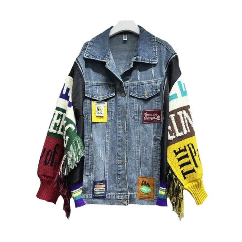 Tredny Women's Autumn New Loose Fringe Embroidery Patchwork Denim Jacket Top Jacket Women Jeans Jacket Autumn Winter Coats