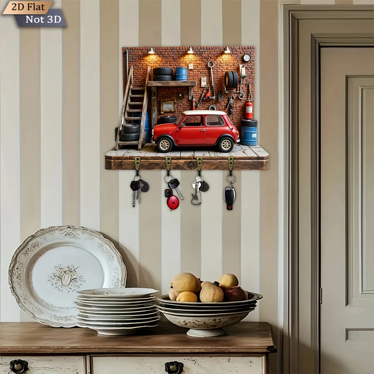 2D Flat, 1pc, Retro Car Workshop Style Key Hook, Wooden Multifunctional Home Key Rack with Four Metal Hooks, Wall Decoration