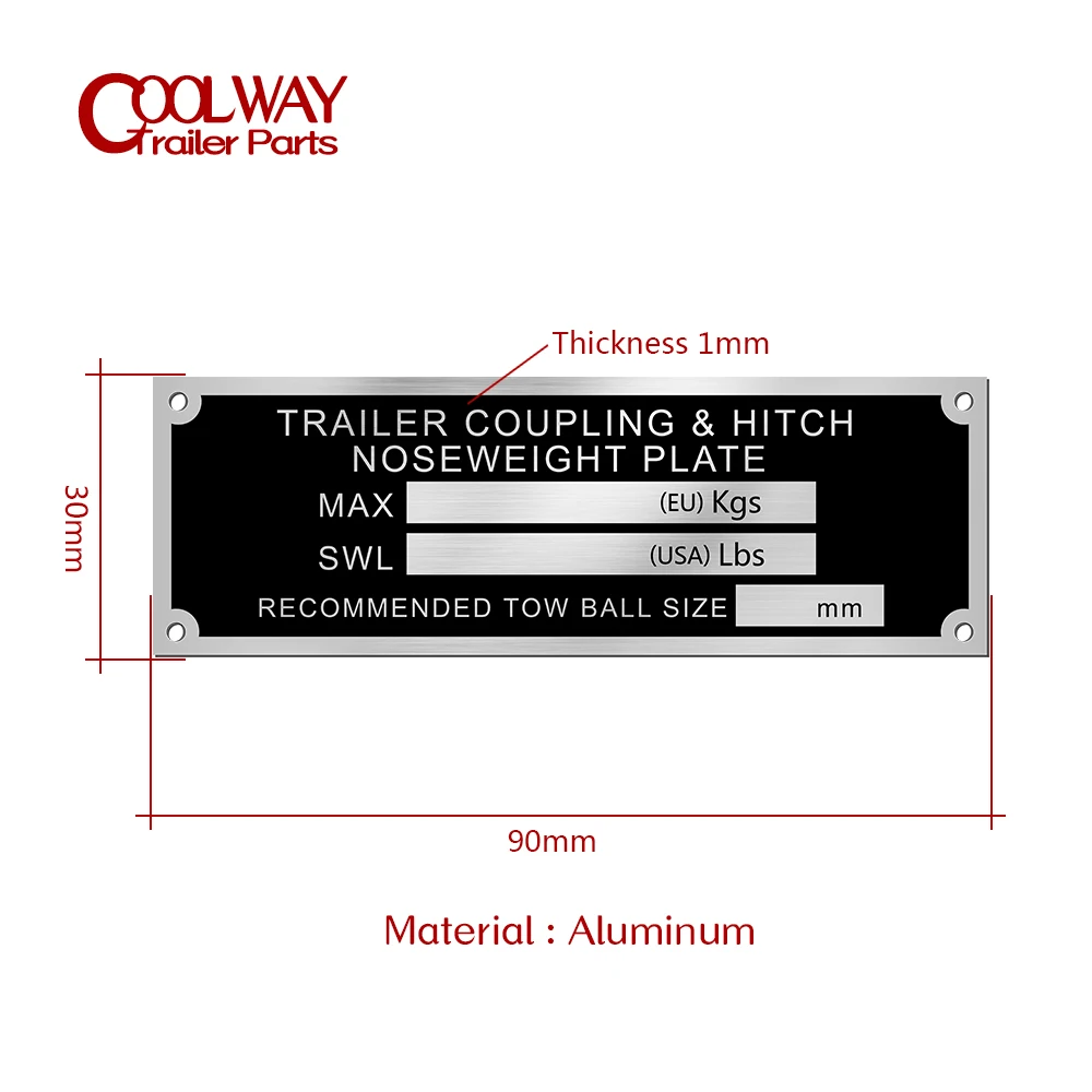 Étiquette en aluminium vierge ou gravée, attelage de remorque, plaque de poids nasal, boule de barre de remorquage, boîte de voiture, châssis, pièces de camping-car, accessoires