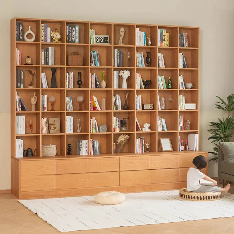 &Modern Minimalism Nordic Solid Wood Floor Standing Bookshelf Storage Display Cabinet Living Room Full Wall Customization