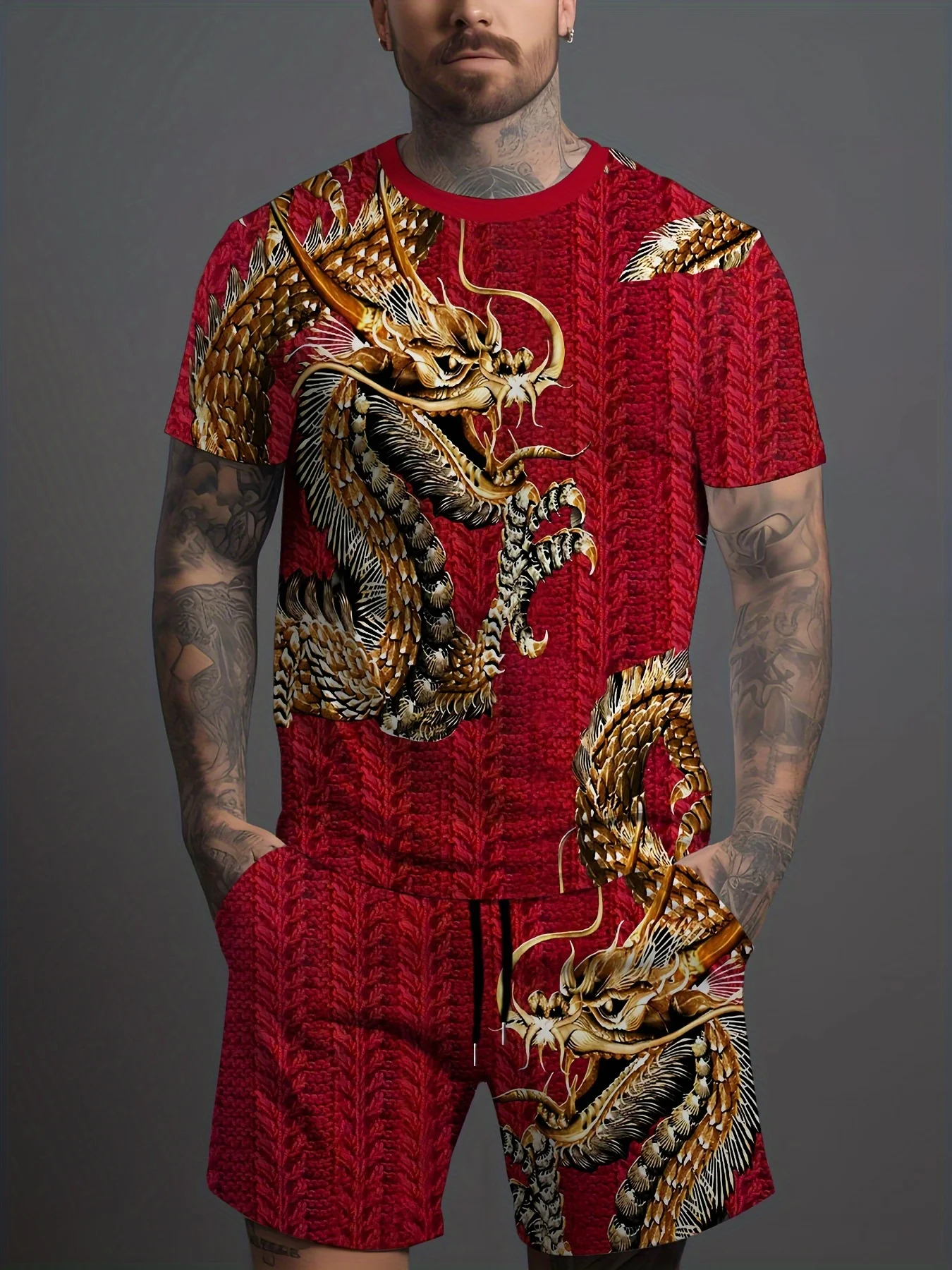 New 3D Dragon Print Men's Sportswear Summer Men's Plus Size Collection Outdoor Two-Piece Set Short-Sleeve Streetwear Casual Suit