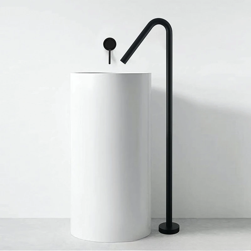 Brushed Gold Freestanding Bathtub Faucet Stainless Steel Hot Cold Water Valve Bathroom Sink Pillar Basin