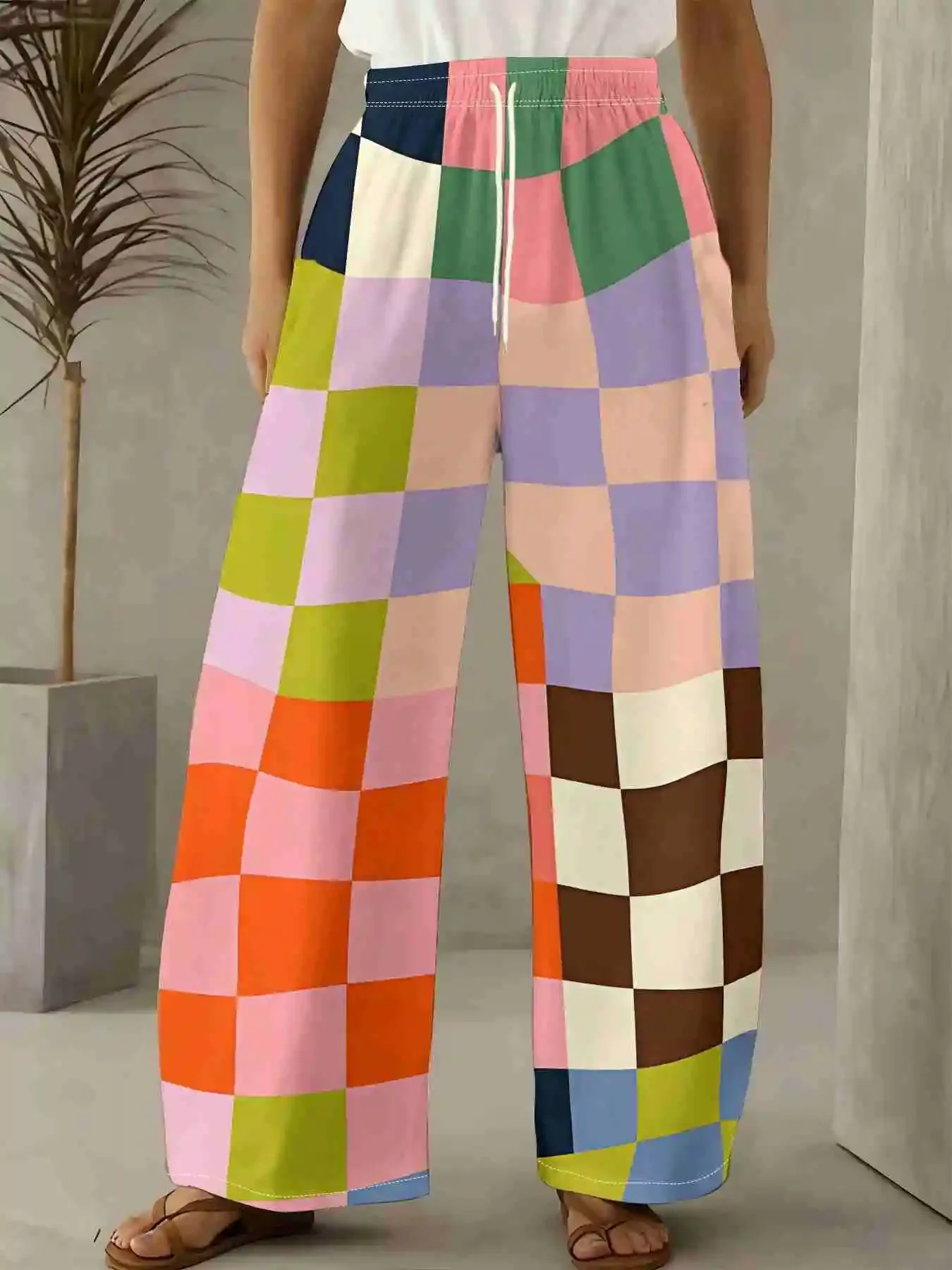 Summer 2026 Kids & Women's Colorful Checkerboard Geometric Print Quick Dry Elastic Casual Loose Fit Loungewear Trousers