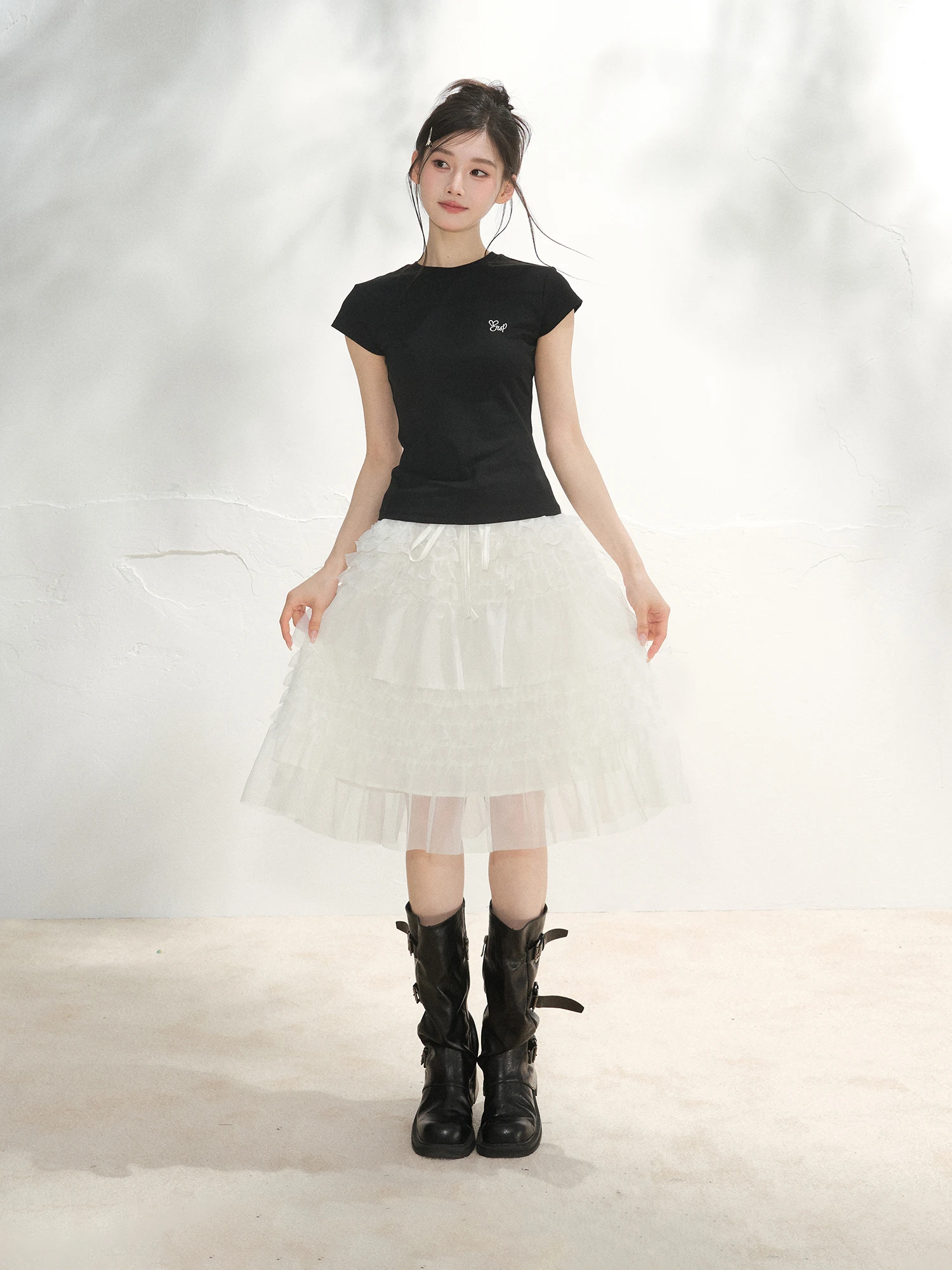 

Летняя белая пышная юбка-кейк ELEVEN SP: дизайнерская модель для женщин, стройнящая, в корейском стиле, с завышенной талией, юбка-баллон