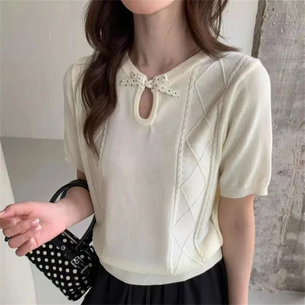Bow T-shirt Summer Hollow Out Casual Women's Clothing Contrast Color Knit Short Sleeve Thin Tee Lady Sweet Versatile O-neck Tops