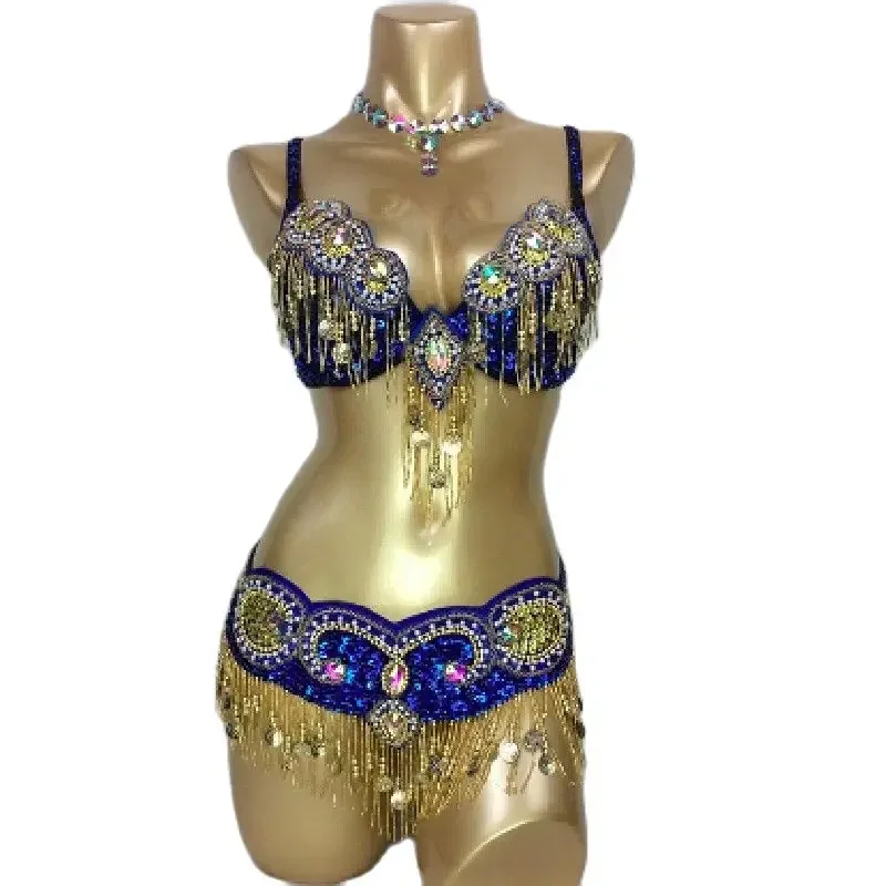 Carnaval dança do ventre wear sutiã e cinto conjunto de palco ouro desempenho outfit para mulheres sexy rave mostrar roupa artesanal contas roupas