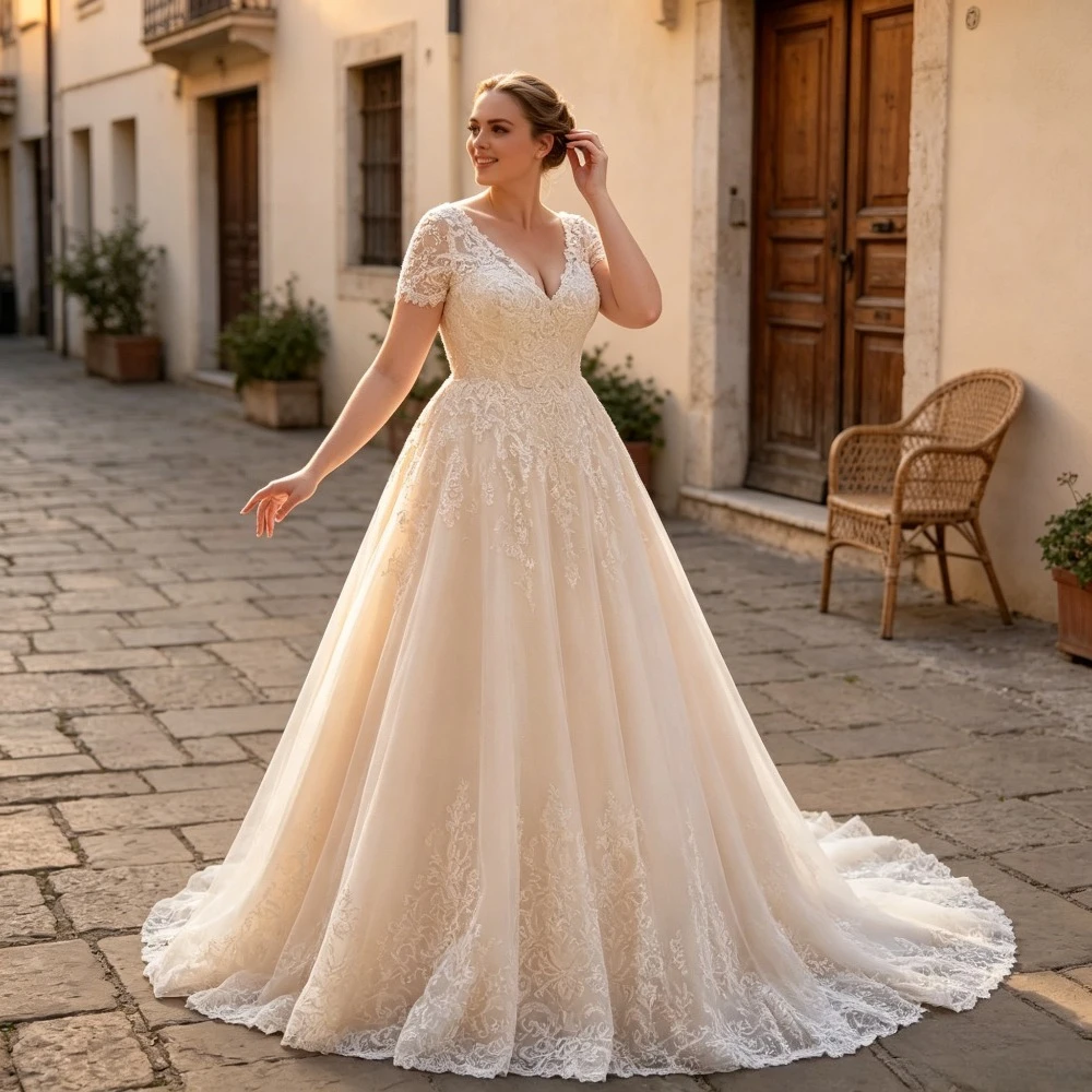 Customized Plus Size Lace A-line Summer Wedding Dress 2026 New Short Sleeved Decal Bridal Gown Suitable for Party Back Tie Up