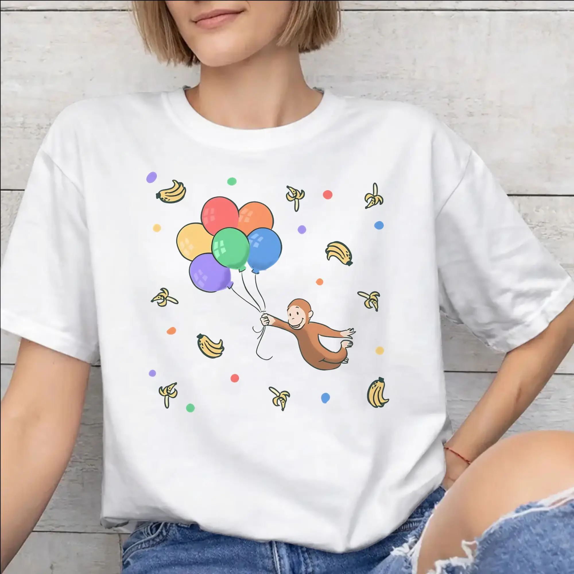 Bannanas & Balloons Curious George Apparel Unisex T Shirts Pure Cotton Tee Fashion  Tops T-shirt