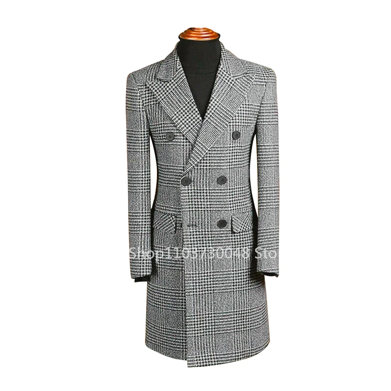 Classic Houndstooth Woolen Blazer for Men with Peak Lapel Double Breasted Dinner Jacket Elegant Suit Coat for Wedding/Business