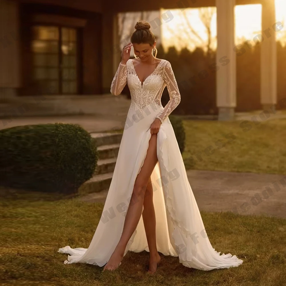 Robes de mariée ivoire pour femmes, élégantes, manches longues, ligne a, en Tulle, avec des Appliques de princesse, personnalisées