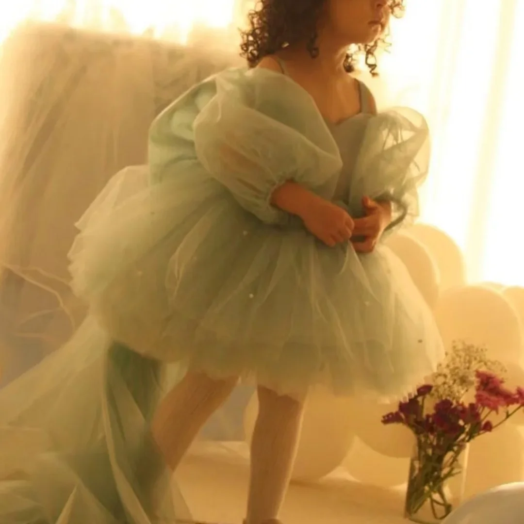 Vestido de niña de flores verde personalizado para boda con lazo hasta la rodilla niña hinchada fiesta de cumpleaños para niños vestidos de primera comunión