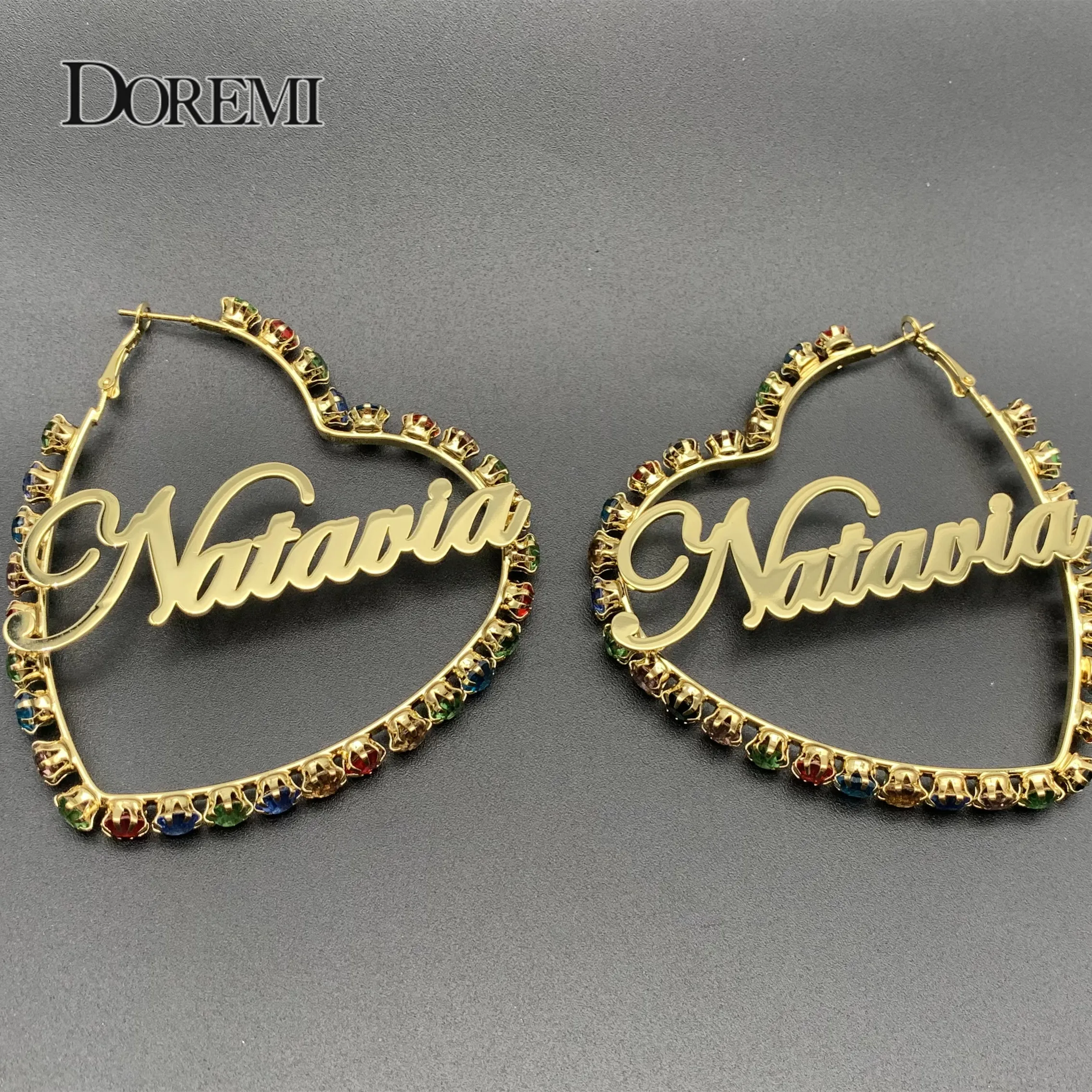 DOREMI Colorful Zircon Custom Letter Earrings Heart Sexy Hoop Earrings Personal Customized Name Earring for Mother's Day Gift