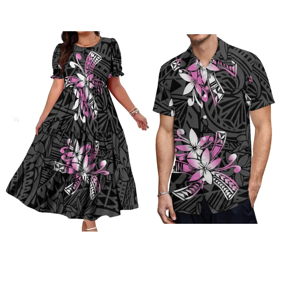 Tribal Pattern Design Customized Polynesian Casual Couple Outfit Bubble Sleeves And Waist-Hugging Cake-Style Skirt Men'S Shirt