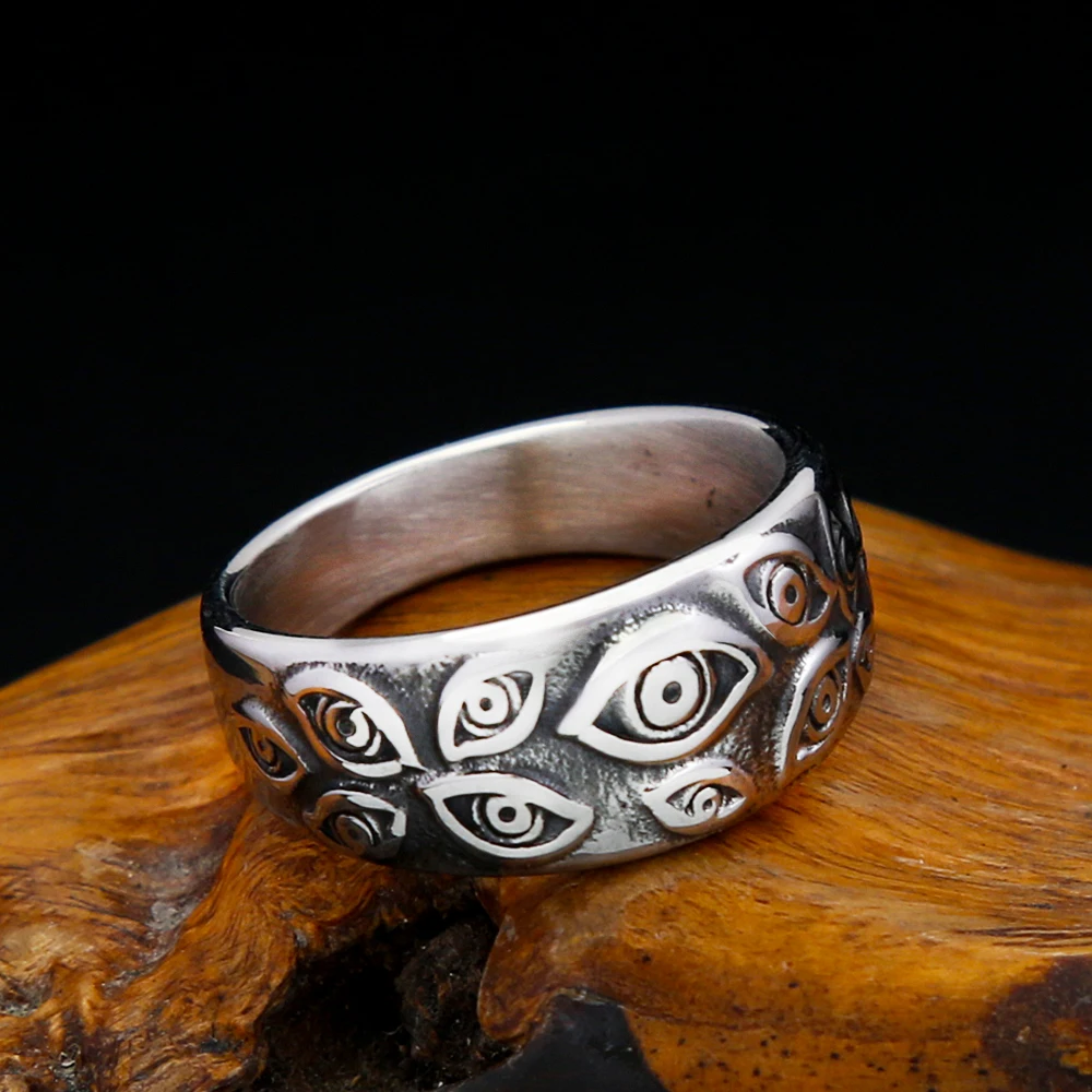 Retro Evil Eye Band Ring For Men Stainless Steel Ring Engraved All Seeing Eye Design Retro Gothic Daily Wear Amulet Jewelry Gift