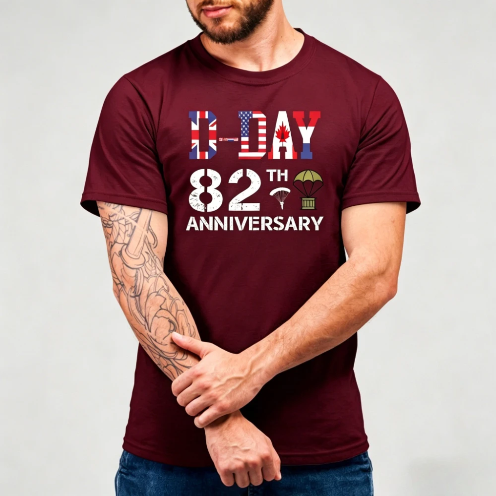 D-Day 82nd Anniversary Graphic T-Shirt Vintage Allied Flags Print Shirt Normandy Landing Commemorative Patriotic History Tee