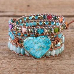 Premium Classic Heart Shape Leather Wrap Bracelets W/ Mix Stone Jaspers Beads Strand Bracelet Classic Jewelry Bijoux Dropship