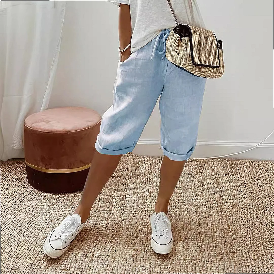 Casual Linen Cotton Capri Pants for Women with Pockets Elastic Waist Summer Shorts Trousers
