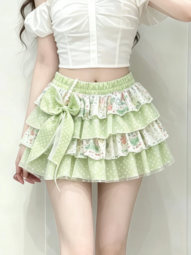 Japanese Designer Polka‑Dot Mini Skirt Y2K Cute Bow Puffy Cake Skirt Sweet Lolita Printed Skirt Kawaii Color Splicing for Women