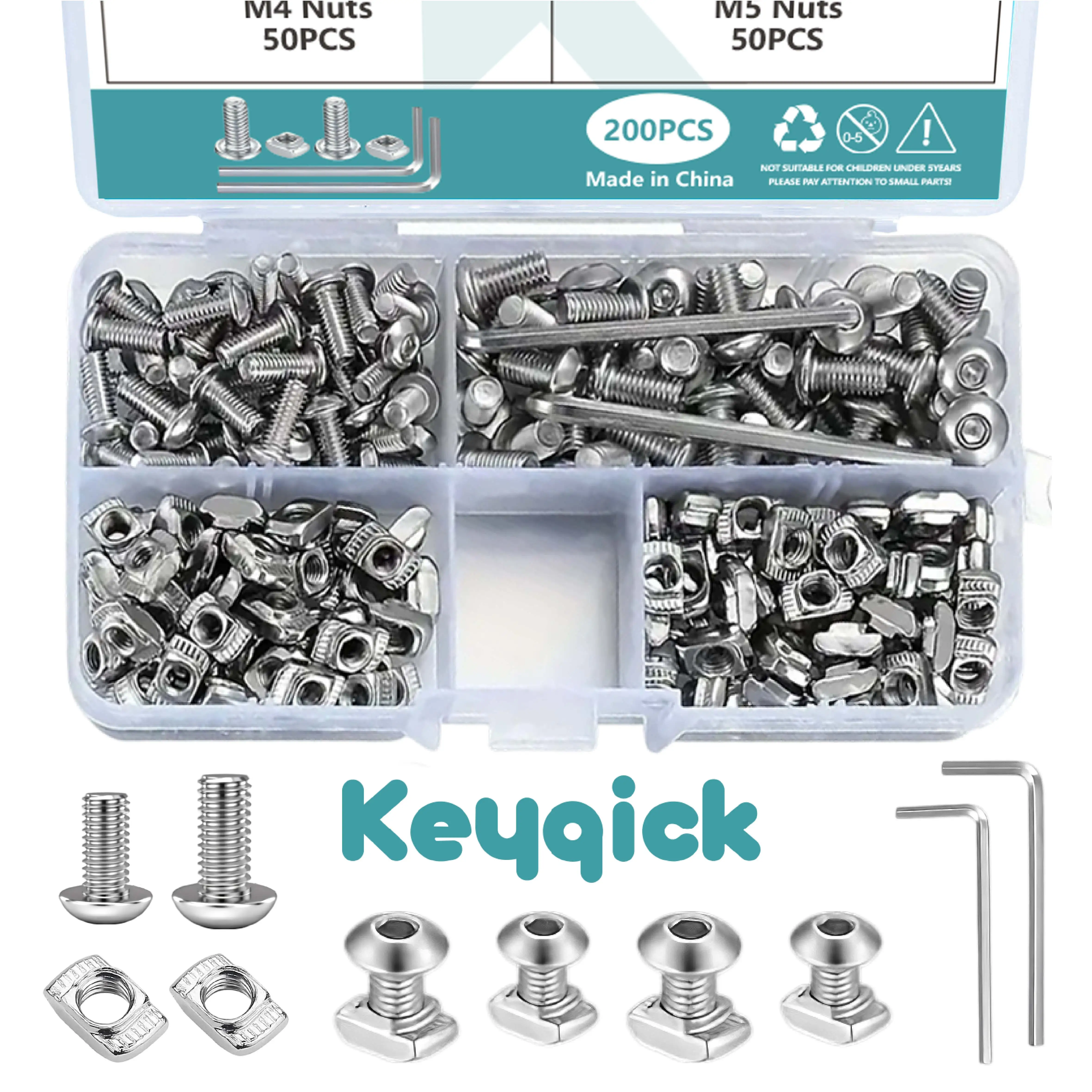 200Pcs 304 Stainless Steel M4 M5 M6 T‑Slot Nuts & Flat Hex Socket Bolts Assortment Kit with Allen Wrenches, Sliding T Nuts Screws Hardware Set for 2020 3030 4040 Aluminum Extrusion Profile Accessories