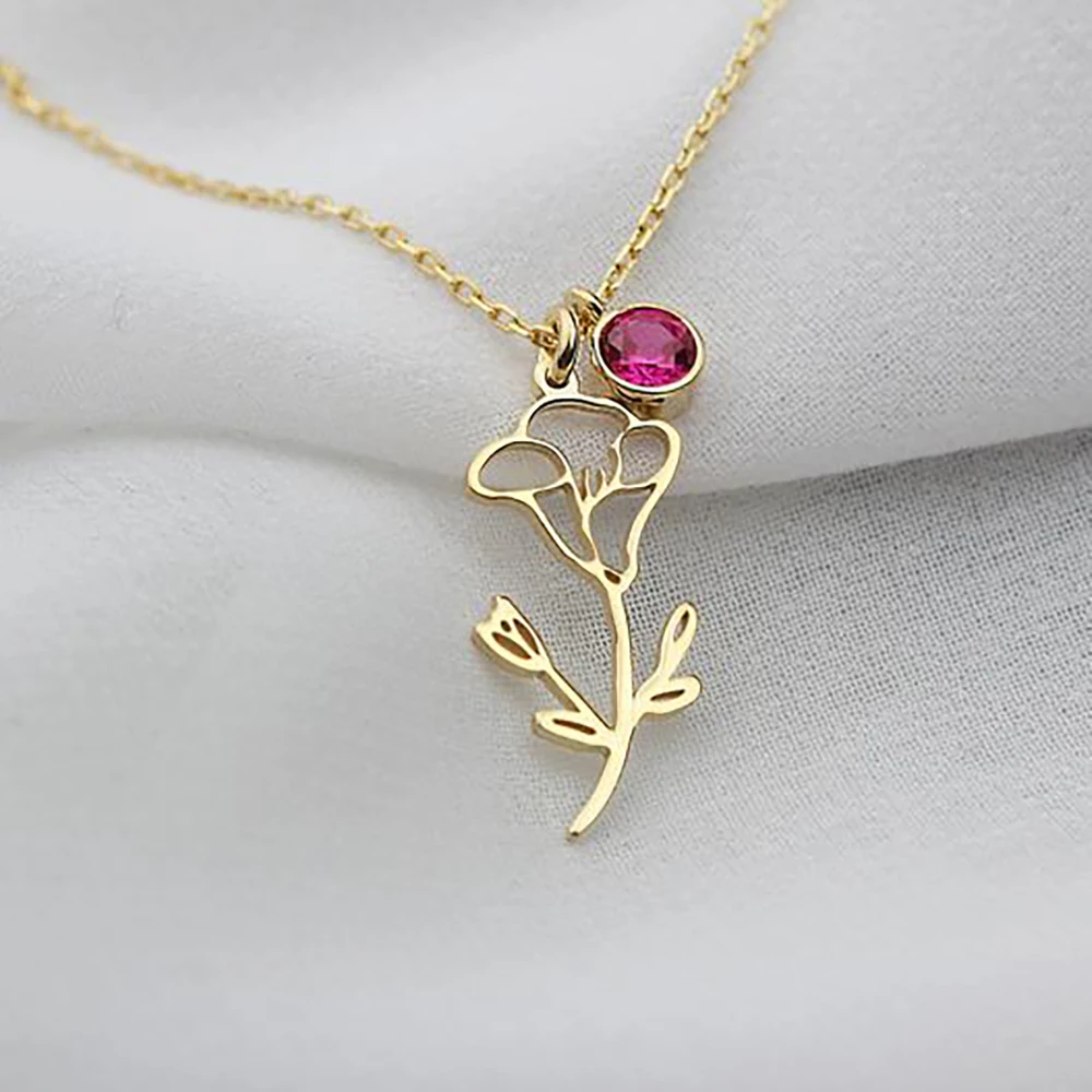 Custom Necklace for Women 12 Month Flower Birthstone New Personalized Stainless Steel Gold Girls Charm Jewelry Mom Birthday Gift