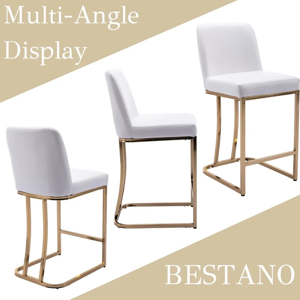 Bar Stools Set of 2 Leather Counter Stools with Gold Legs, 24"  White Island Chairs Upholstered Kitchen Bar Chairs with Back for