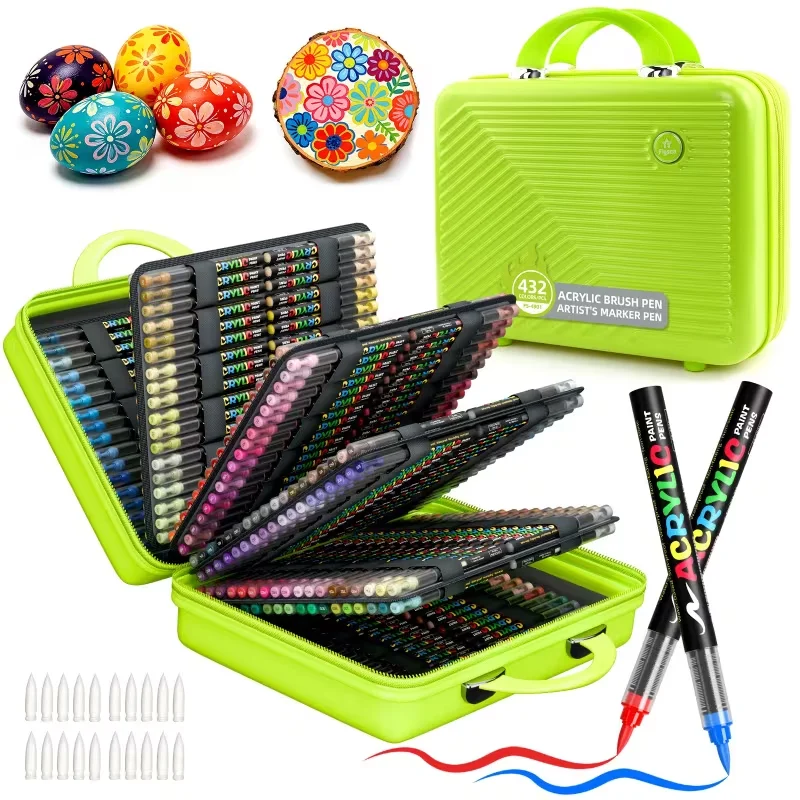 FLYSEA 432-Color Water-Based Acrylic Paint Markers, Free-Flow Ink Soft Brush Tip Art Pens with Portable Storage Case, Blendable Multi-Surface Acrylic Marker Set for Rock, Wood, Glass, Canvas & DIY Crafts