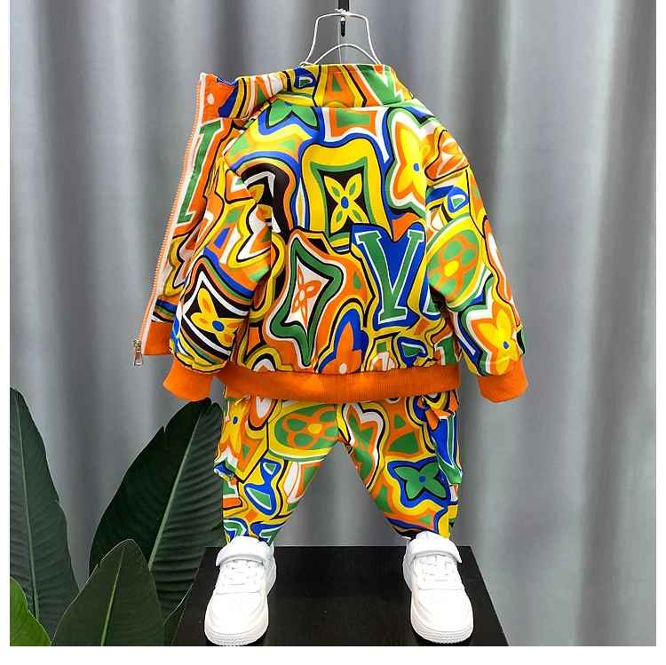 Fashion Boys Spring Autumn Clothing New Baby Personality Graffiti Cardigan Zipper Jacket+Pants 2pcs Suit Kids Loose Costume