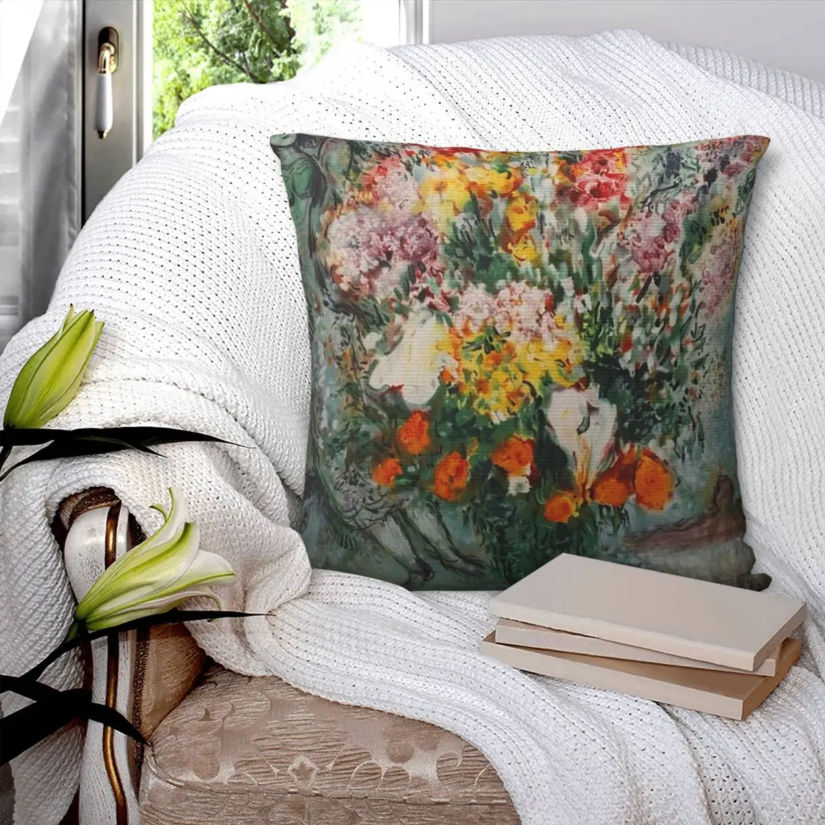 Marc Chagall Bouquet De Fleurs Square Pillowcase Pillow Cover Polyester Cushion Zip Decorative Throw Pillow for Home Bedroom