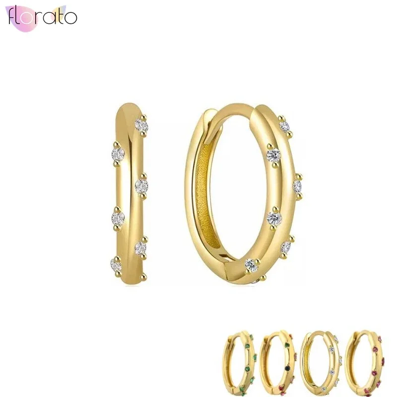 

925 Sterling Silver Needle 12mm Misaligned Zircon Circle Hoop Earrings for women Minimalist Metal Round Gold Earrings Jewelry